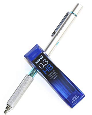 Uni-ball Shift Pipe Lock Drafting Pencil-silver Body with Aqua Blue Accent -0.3mm-& Diamond Infused Leads [Nano Dia-15 Leads] for Professional Value Set(with Our Shop Original Description of Goods)