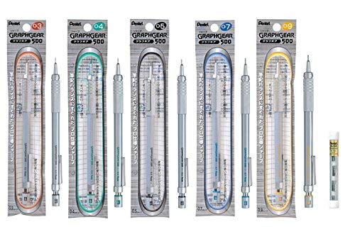 Pentel The Full Set of Packaged Graph Gear 500 Mechanical Drafting Pencil, 0.3, 0.4, 0.5, 0.7, 0.9mm For Pro with Eraser Refill (Z2-1N) Pack of 4, 1 Each