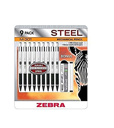 (Pack of 2) Zebra Steel Mechanical Pencil 9 Pack M-301 Bonus Lead and Erasers (18 Pencils Total)