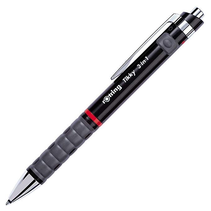 rOtring Tikky 3-in-1 Multi Mechanical Pencil & Retractable Ballpoint Black & Red Medium Point Pens, 0.7mm, Black Barrel - Best Isograph Artpen with Eraser - Great for Drafting & Technical Drawings - Investment Guaranteed