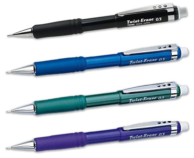 Pentel Twist-Erase III Mechanical Pencils (0.5mm) - Assorted Barrels: QE515A, QE515C, QE515D, QE515V, 1 for each