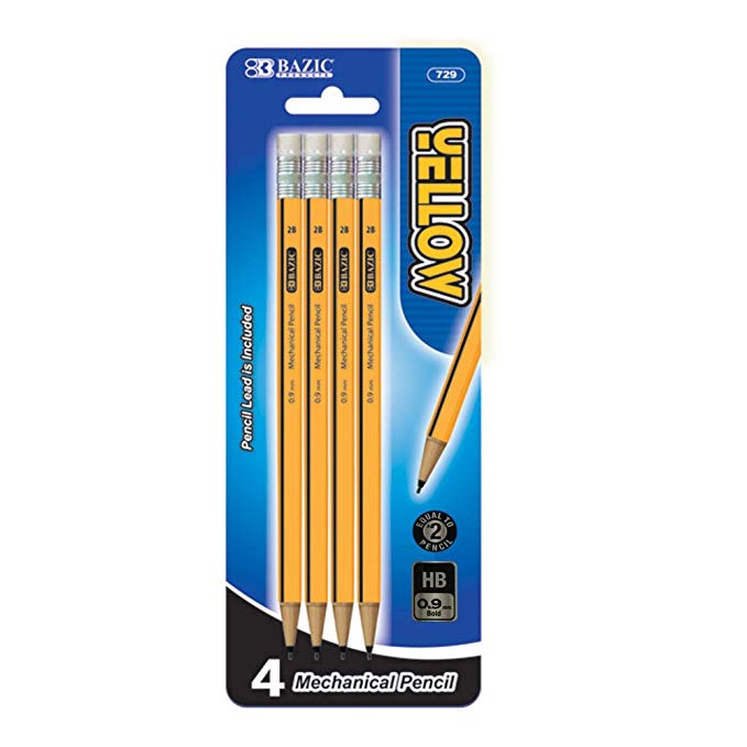 BAZIC Yellow 0.9mm 2B Mechanical Pencil (4/Pack) (Case of 24)