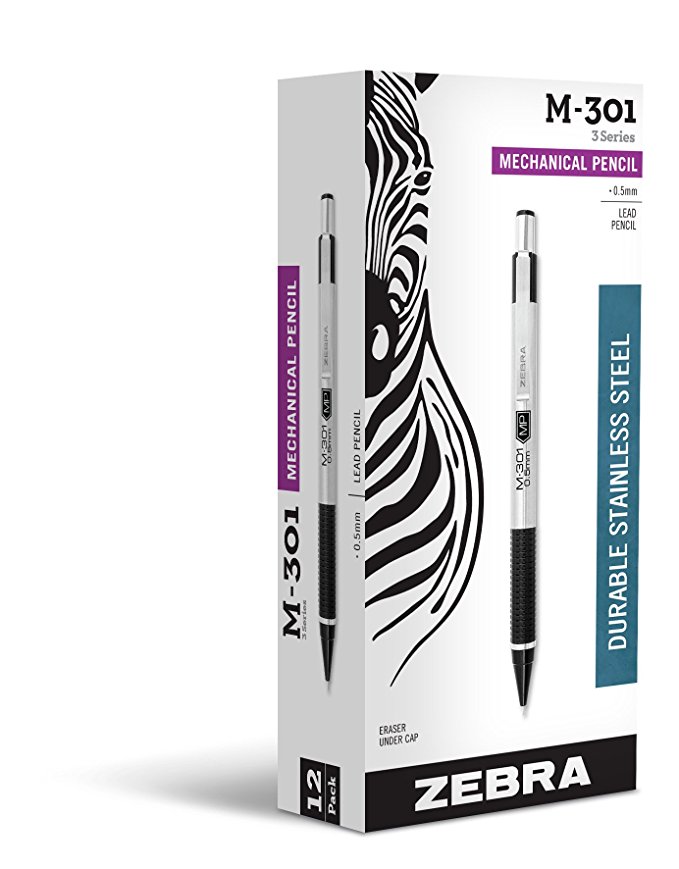 Zebra M-301 Stainless Steel Mechanical Pencil, 0.5mm Point Size, Standard HB Lead, Black Grip, 12-Count