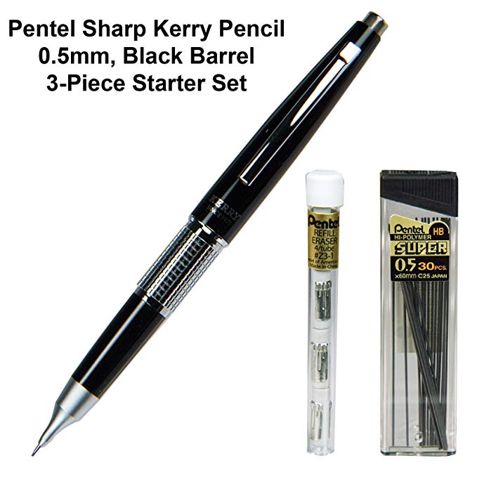 Pentel P1035a 0.5mm Sharp Kerry Mechanical Pencil, Black Barrel, 3-piece Set