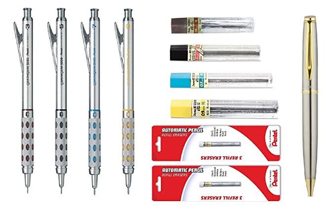 Pentel Graph Gear 1000 Automatic Draughting Pencil, 0.3 mm, 0.5 mm, 0.7 mm, 0.9 mm with Lead and Eraser Refills (Bundle)