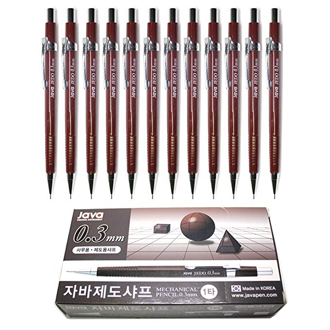 Java Jedo Mechanical Pencil 0.3mm With Eraser Tip, Brown Body - Pack of 12 Pens