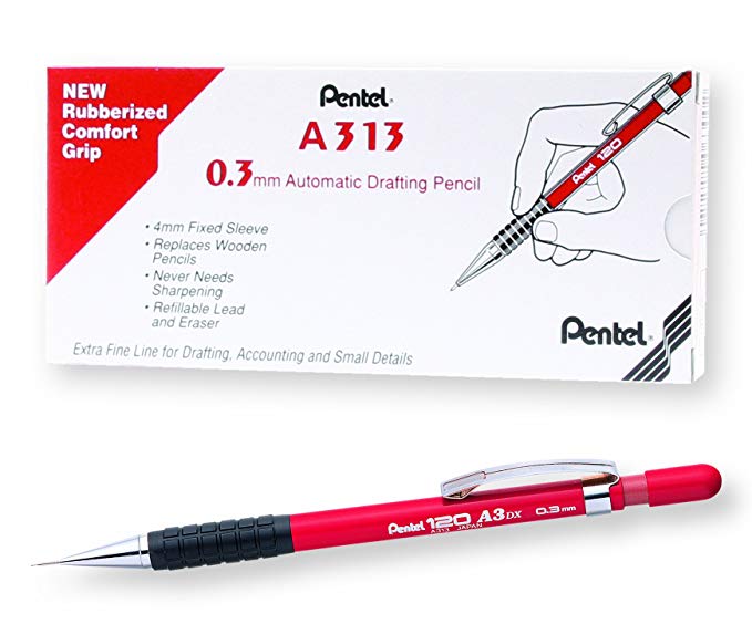 Pentel Sensi-Grip Automatic Pencil, 0.3mm, Red Barrel, Box of 12 (A313B)