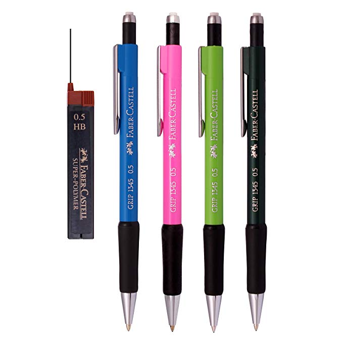 Faber Castell Grip 1345 Drafting Mechanical Pencil 0.5 mm (4 Pack)+Super Polymer HB Leads 1 Tube