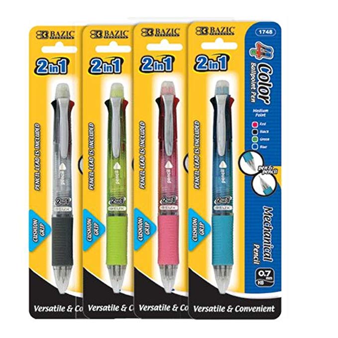 BAZIC 2-In-1 Mechanical Pencil & 4-Color Pen w/ Grip, Box Pack of 12