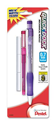 Pentel Quick Dock Colors, 0.7mm, Medium Line, 1 Pencil, 1 Refill Cartridge and 3 Erasers (QD7LECRBP)