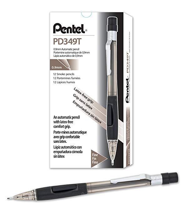 Pentel Quicker Clicker Mechanical Pencil (0.9mm) Transparent Black Barrel, Box of 12 (PD349TA)