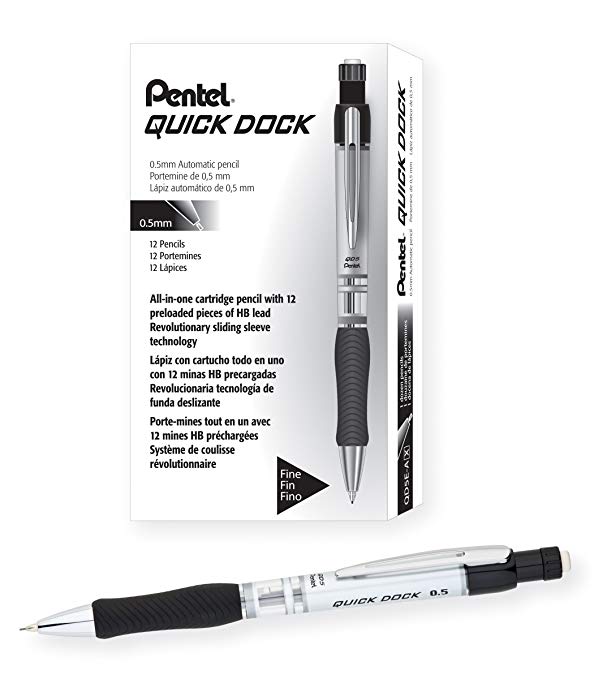 Pentel Quick-Dock Mechanical Pencil, 0.5mm, Black Barrel Box of 12 (QD5E-A)