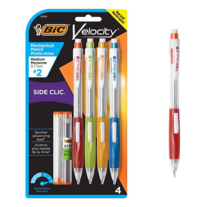 BIC Velocity Side Clic Mechanical Pencil, Medium Point (0.7mm), 4-Count