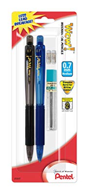 Pentel Wow Mechanical Pencil, 0.7mm, Assorted Barrels, 2 Pencils, Lead and 2 Erasers (AL407LEBP2)