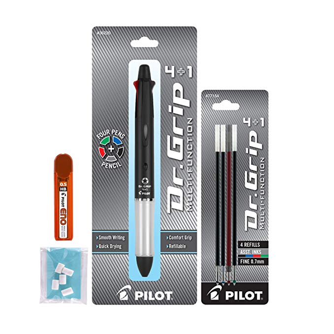 Pilot Dr. Grip 4+1 Multifunction Ballpoint Pen Set w/Pen, Pencil Refills & Erasers, 0.7mm Pen, 2 HB 0.5mm Lead, Black