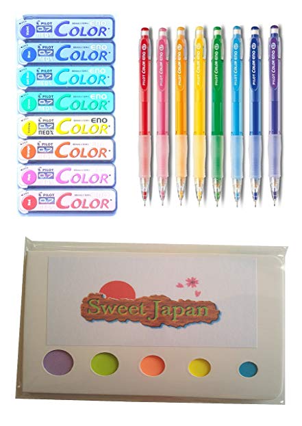 Pilot Color Eno Mechanical Pencil and Lead, 0.7 mm, 8 color set and Sweet Japan sticky(Japan Import)