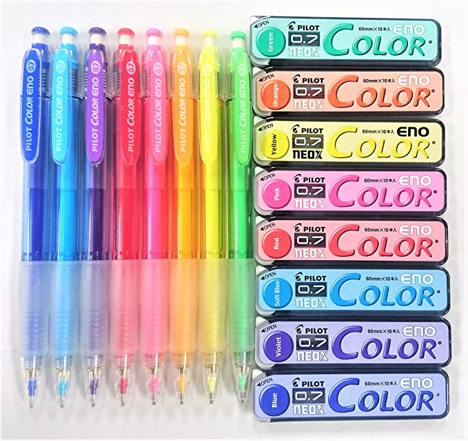 Pilot Color Eno 0.7mm Automatic Mechanical Pencil 8 Color & 0.7mm Lead Refill 8-Box Full Set with Original Vinyl Pen Case