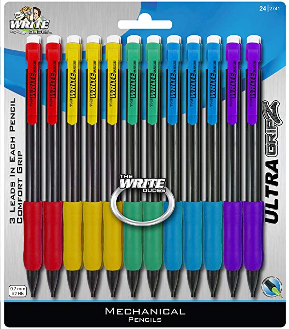 Write Dudes Grip Mechanical Pencils 0.7mm Leads 24 Assorted Color Grips (CYC92)